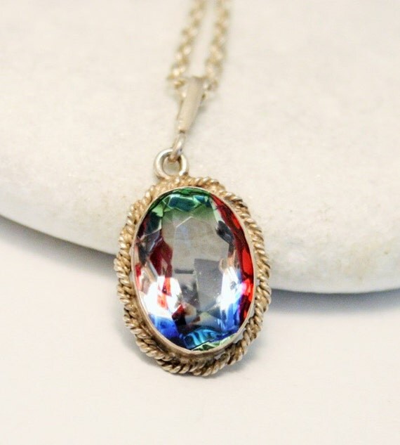 Rainbow iris glass pendant necklace. Sterling silver. VINTAGE