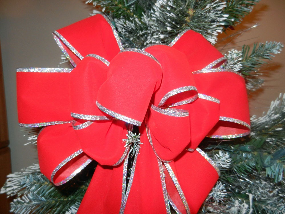 Red Velvet bow with Silver edging Winter Wedding, Christmas decorative bow, wreath bow, staircase bow lampost bow