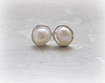 Bride Post Earrings, Sterling Stud Earrings, White Pearl Posts, Freshwater Pearl Earrings, Wire Wrap Post Earrings, Silver Post Earrings