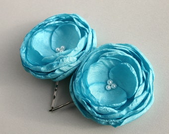 Teal Blue Flower Hair Clips, Wedding Hairpieces, Bridesmaid Hair Pieces, Aqua Flower Hair Pins, Flower Girl Hair Clip, Bridal Accessory