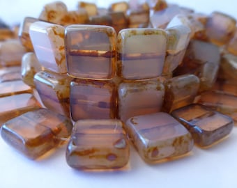 NEW COLOR 15 Czech Glass Square Beads in Translucent Cloudy Amber Rose Opal with Picasso Edges Size 10.5mm Square