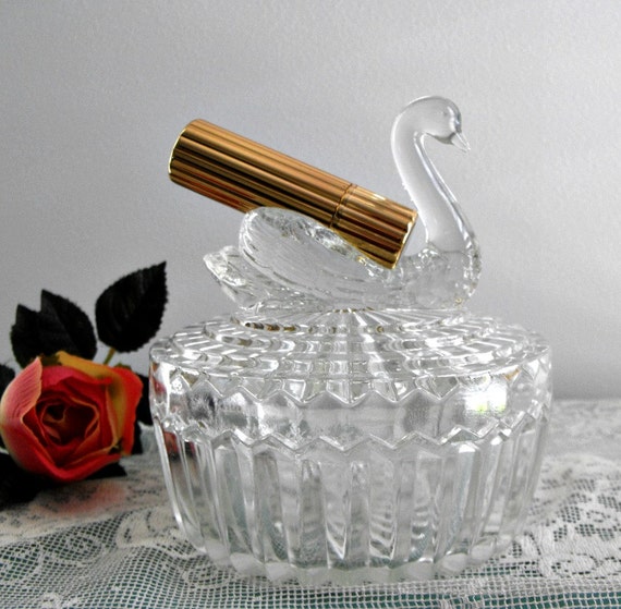Vintage Glass Crystal Swan Dusting Powder Jar and
