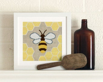 honey bee cross stitch kit - on linen aida - diy - modern - contemporary