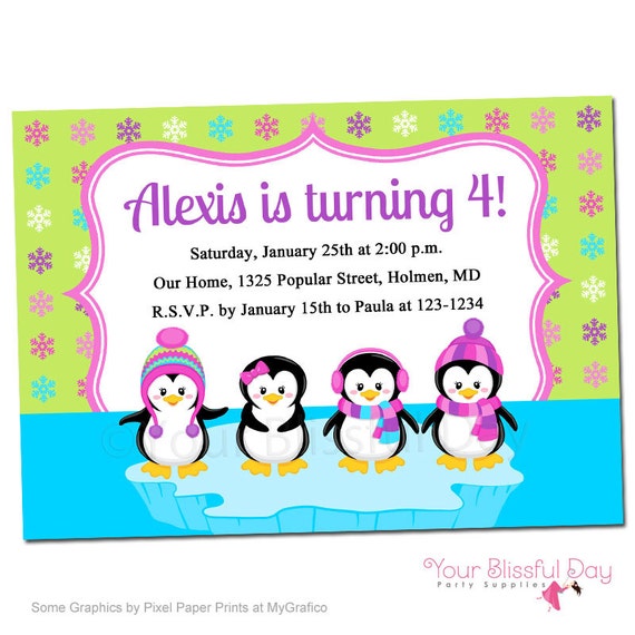 PRINTABLE Girl Penguins Party Invitation Il_570xn