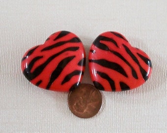 Heart Two Large Red Zebra Striped Lucite Beads