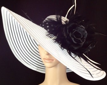 Black Rose Kentucky Derby Hat , Wide Brim White Dress Hat ,Formal Dress Hat Wedding Tea Party Ascot Horse Race
