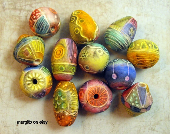 6 Big  Artisan Statement Beads - Handmade from Polymer Clay