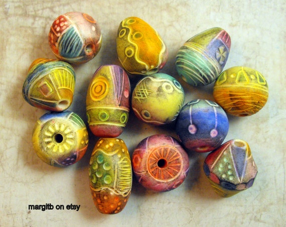 6 Big  Artisan Statement Beads - Handmade from Polymer Clay