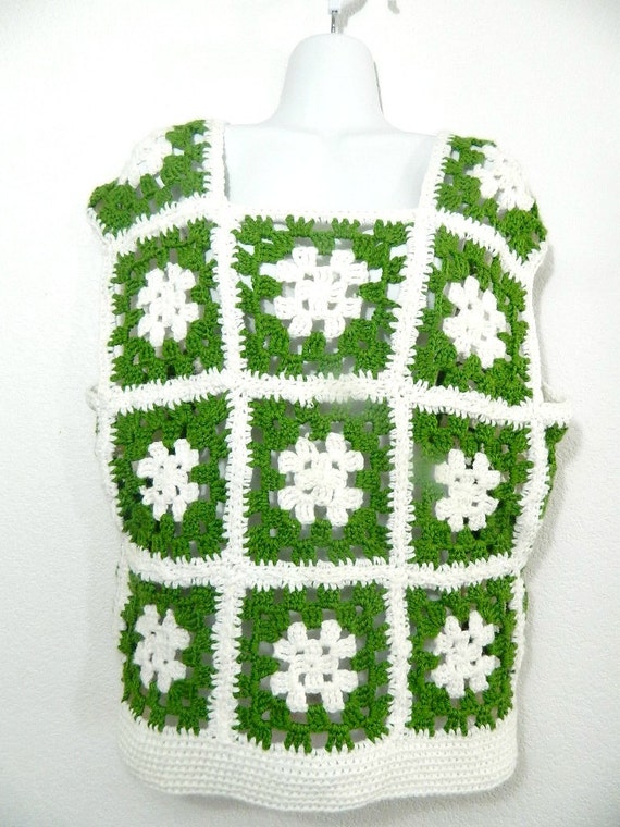 Vintage Green and White Granny Square Sweater Vest by luvredford