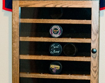 Hockey puck display cabinet 20 ,25,30or 35 pucks solid oak with door