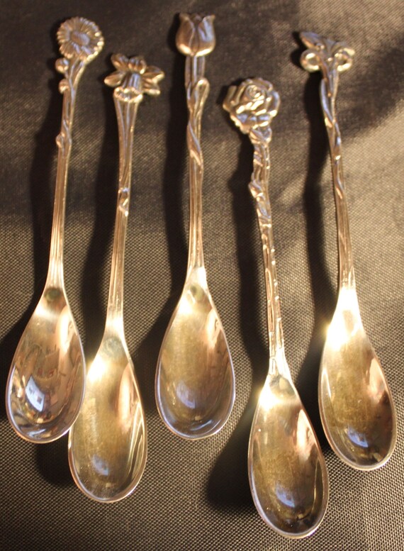 5 Vintage Ornate Flower Demitasse Spoons Silver Plate By Rwiggins