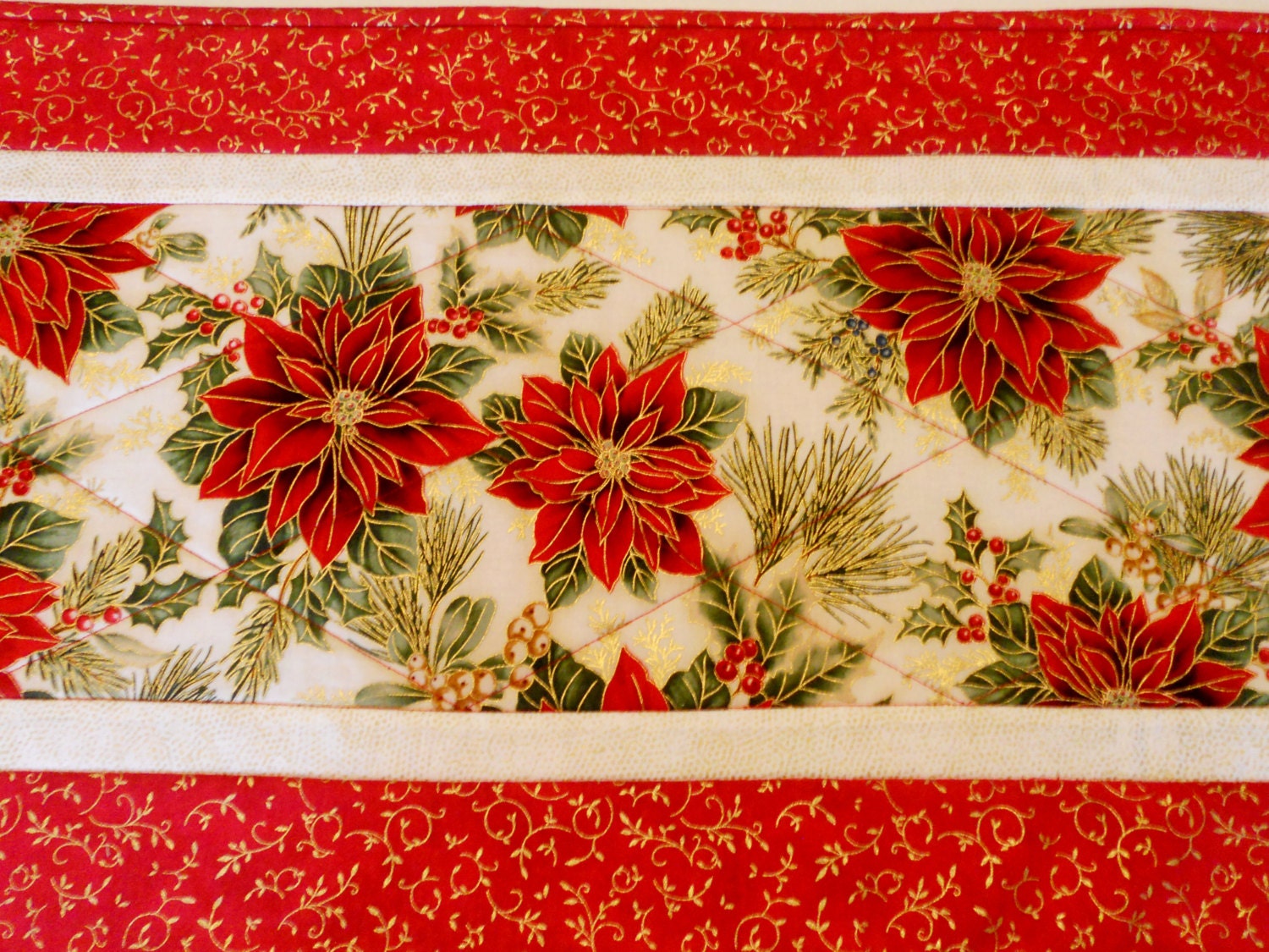 Elegant Christmas Table Runner with Pointsettias Quilted