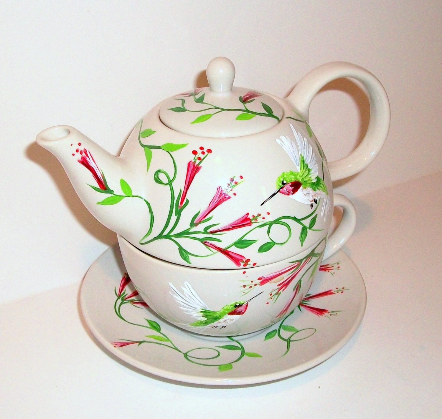 Tea for One Hand Painted Teapot with Cup & Saucer Hummingbirds