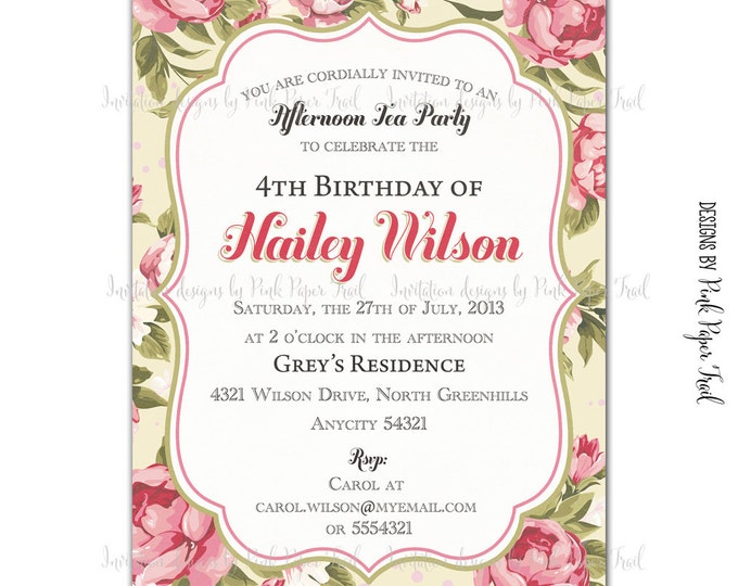 Floral Tea Party Invitation, Customizable Wordings, Printable, Wedding, Bridal Shower, Baby Shower