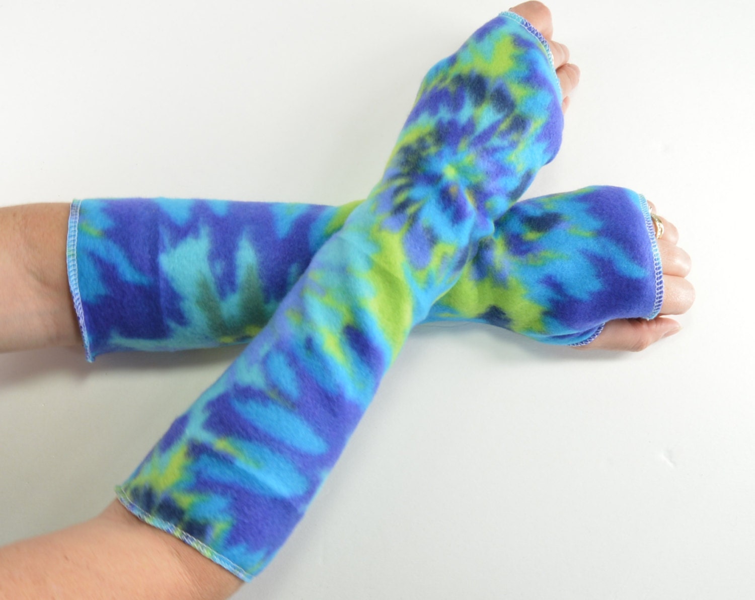 Fingerless Hand Arm Warmers Fleece Blue Green by twochixremix