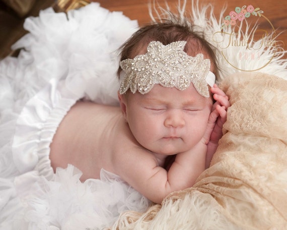 Newborn baby Headband,baby headbands, Christening Headband, Baptism headband,Bling baby headband, Crystal Gatsby Headband, Baby Hair Bows. by ThinkPinkBows