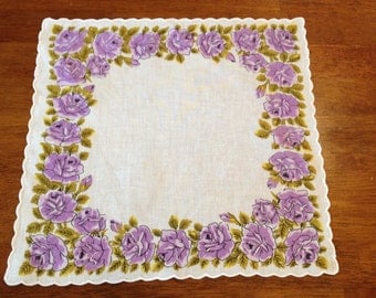 Vintage Purple Rose handkerchief or hanky with Scalloped Edge - vintage hanky, purple rose hanky, handkerchief,Valentines day,purple hanky