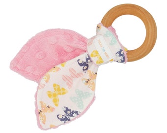 SAVE 25%- Coupon -FALL25- Natural Organic Maple Wooden Teething Ring Toy - Bunny Ears in Butterfly Fabric and Pink Minky