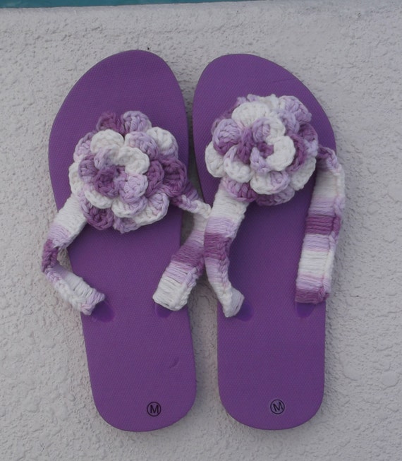 Flip Flops Purple Flip Flops Flower Flips Flops Womens Purple Flip Flops size Medium 7 - 8