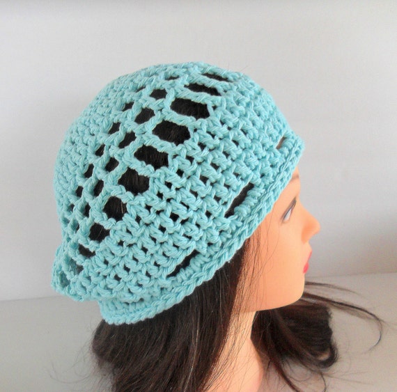 Items similar to Cotton Beanie - Filet Crocheted for Spring and Summer ...