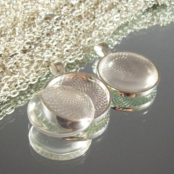 25 Shiny Silver Necklace Kits 25mm Round Pendant Tray