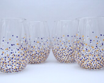 LSU dot glasses, Lsu confetti glasses, purple white and yellow wine glasses, fun wine glasses, hand painted wine glasses, painted wine glass