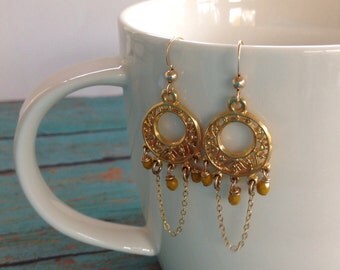 Gold Chandelier Earrings | Statement Earrings | Beaded Dangle Earrings | Gold and Mustard Statement Earrings | Beaded Statement Earrings