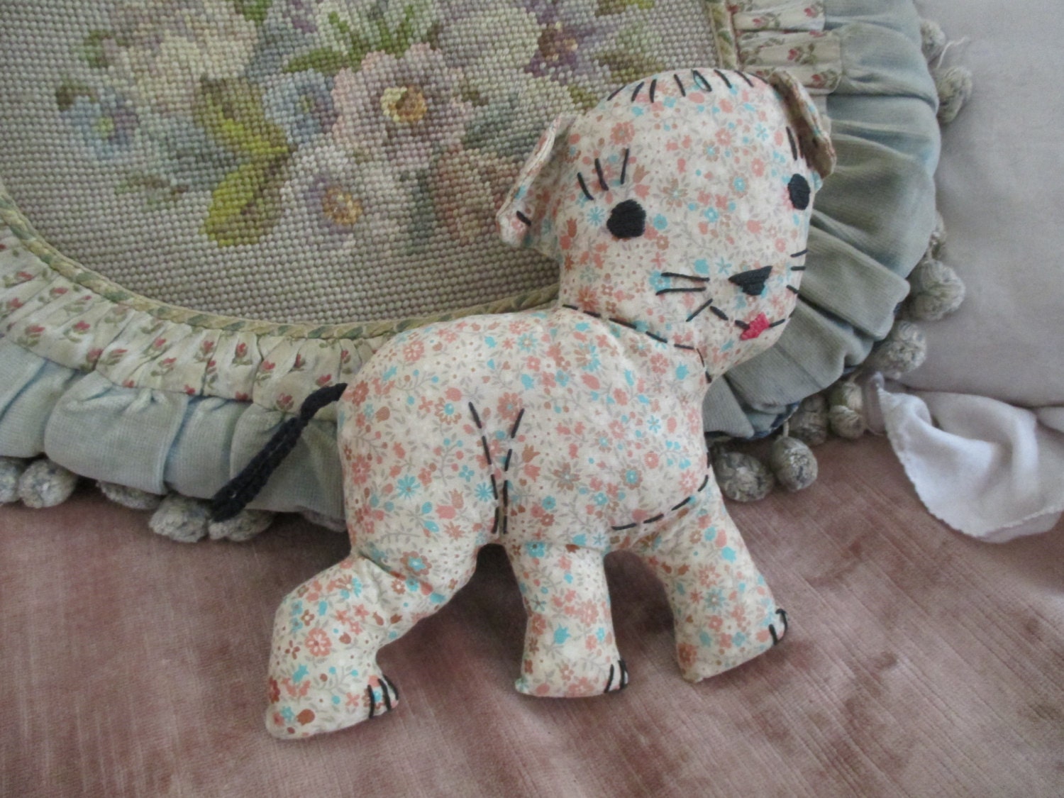Vintage Handmade Plush Stuffed Animal Toy Fabric Dog Small