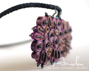 Textile necklace, statement necklace purple, beaded necklace - Handmade textile jewelry - OOAK ready to ship