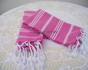 Turkishtowel-Set of 2-Hand woven peshkirs-hand,tea,dish towels-White stripes on fuchsia