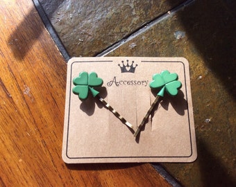 St. Patricks Day Shamrock handmade bobby pins on presentation card for unique gifts