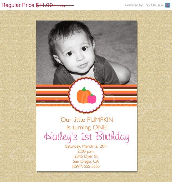 ON SALE Pumpkin Pink Stripes Birthday Invitation Il_570xn