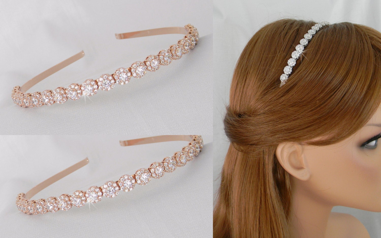 Rose Gold Bridal Headband Simple Crystal Wedding Headband