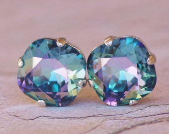RARE Swarovski Blue Lagoon Blue Purple Stud Earrings,Hot Rainbow Blue Cushion Stud,Rounded Square,Swarovski Stud Earrings,Rhinestone,Large