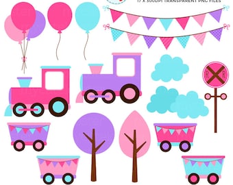 Girl's Train Clipart Set - clip art set of trains, carriages, track, party, bunting - personal use, small commercial use, instant download