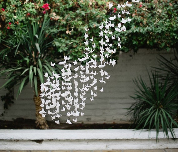 Flock of White Origami Cranes Paper Birds by WorldofOrigami