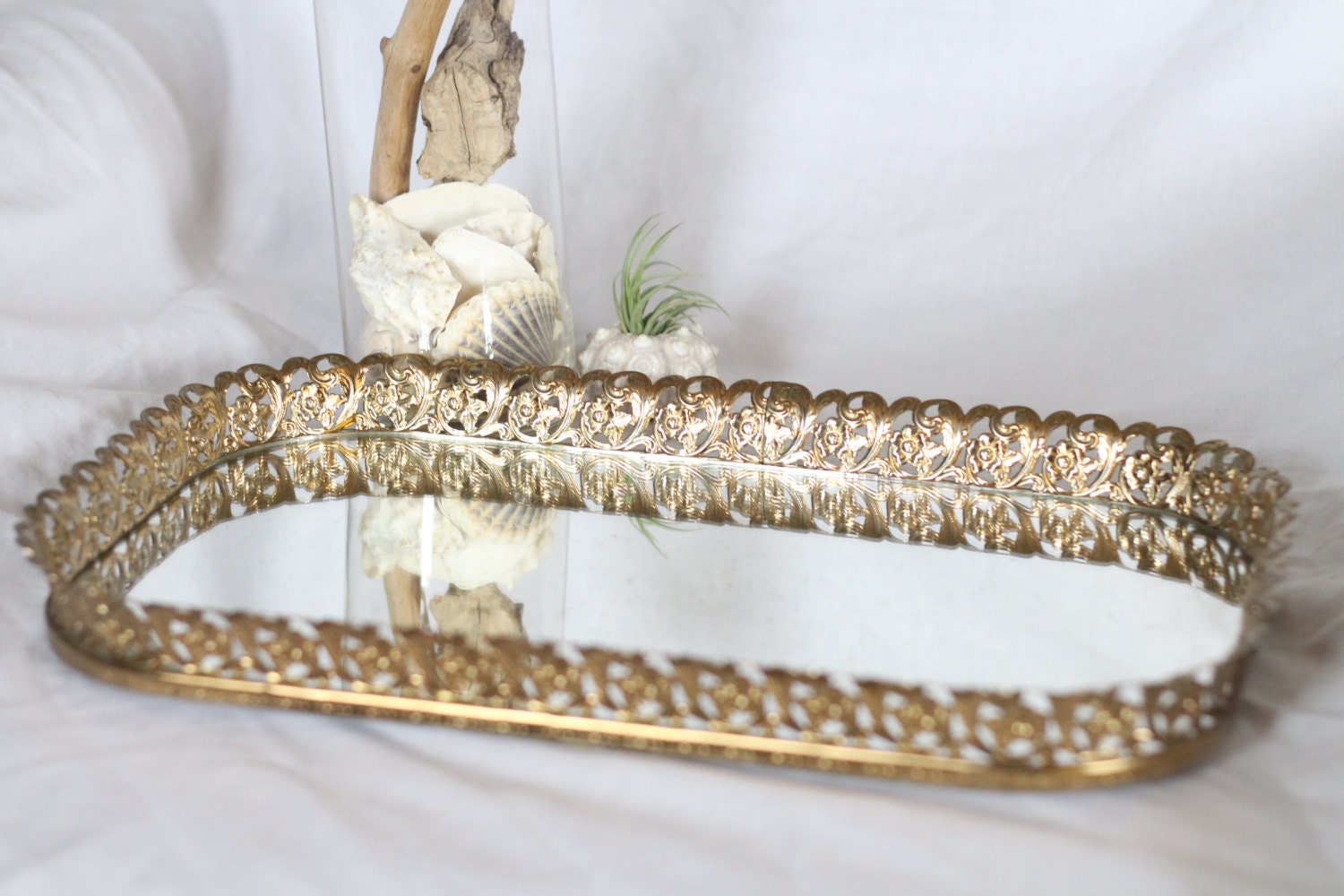 Large Rectangle Mirrored Vanity Tray with Ornate Gold Trim