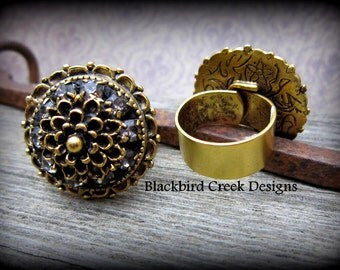 Gold Plated Cocktail Ring with Rhinestones-adjustable