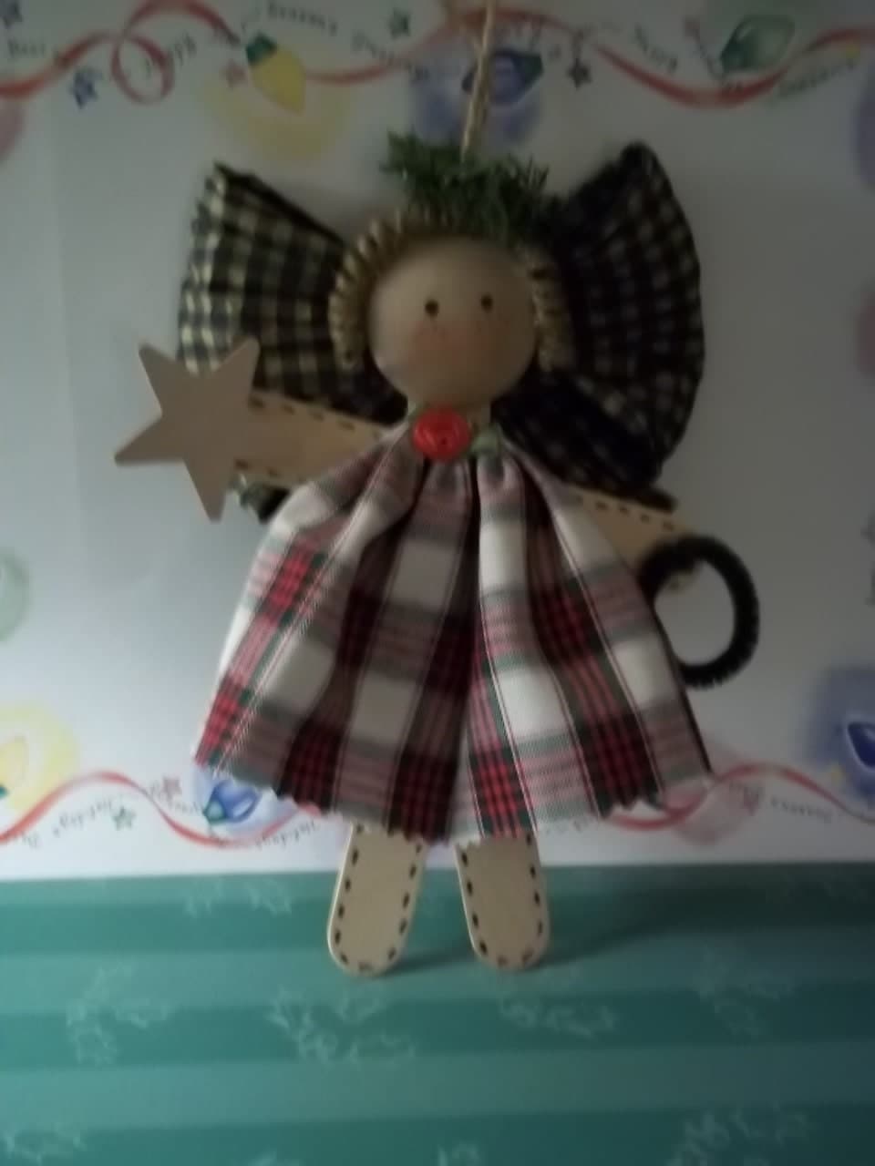 Large - Craft Stick Angel Ornament-Plaid/Green Wings