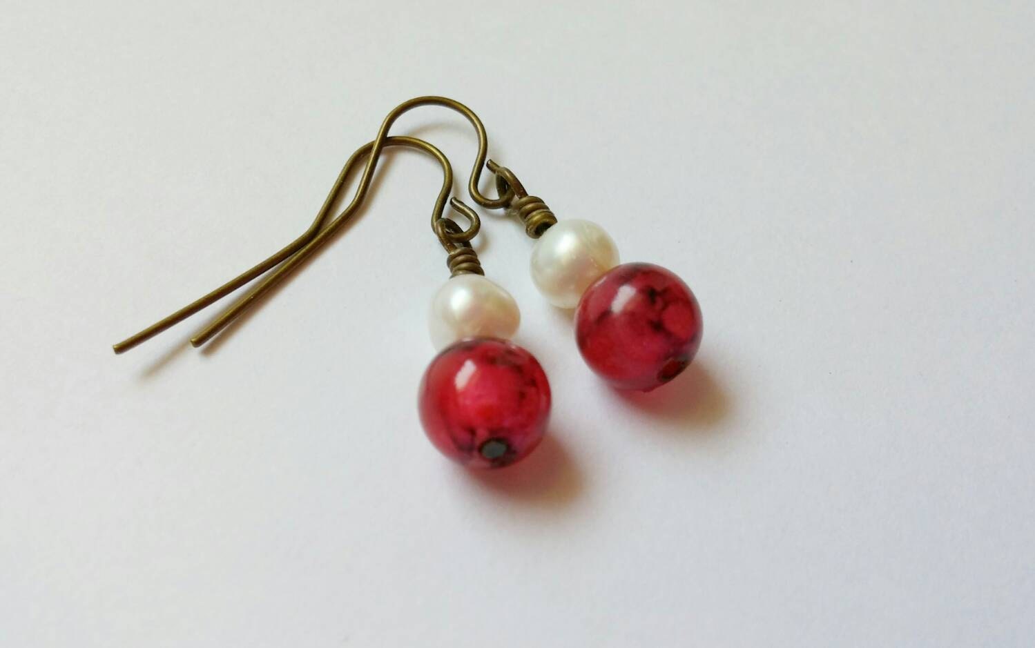 Beaded dangle earrings Cherry with freshwater pearls and dark