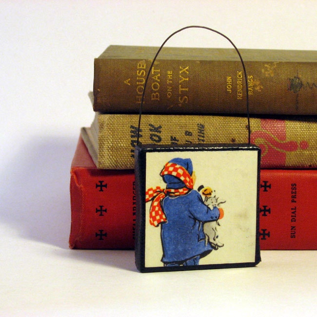 GIRL, PUPPY, KITTEN Handmade Ornament from Vintage Upcycled Book Childrens Reader Christmas Ornament Winter