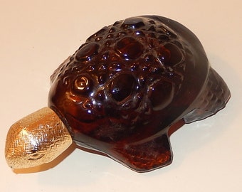 Glass TURTLE-Brown glass AVON cologne bottle-gold tone head-vintage avon turtle perfume bottle