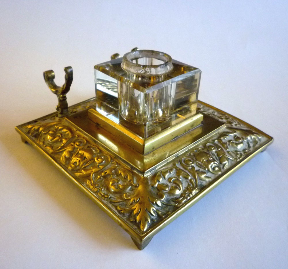 Antique Ink Well Brass and Crystal Glass by MaisonChantalMichael