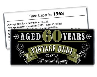 Set of 12 - Vintage Dude Candy Bar Wrappers - 60th Birthday Party Favors Adult Milestone Favors - 30th, 40th, 50th, 60th, 70th - Any Age
