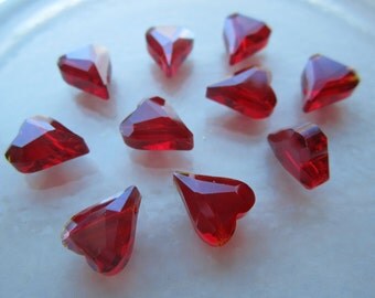 Czech Thick Angular Ruby Red Glass Heart Beads 10Pcs.