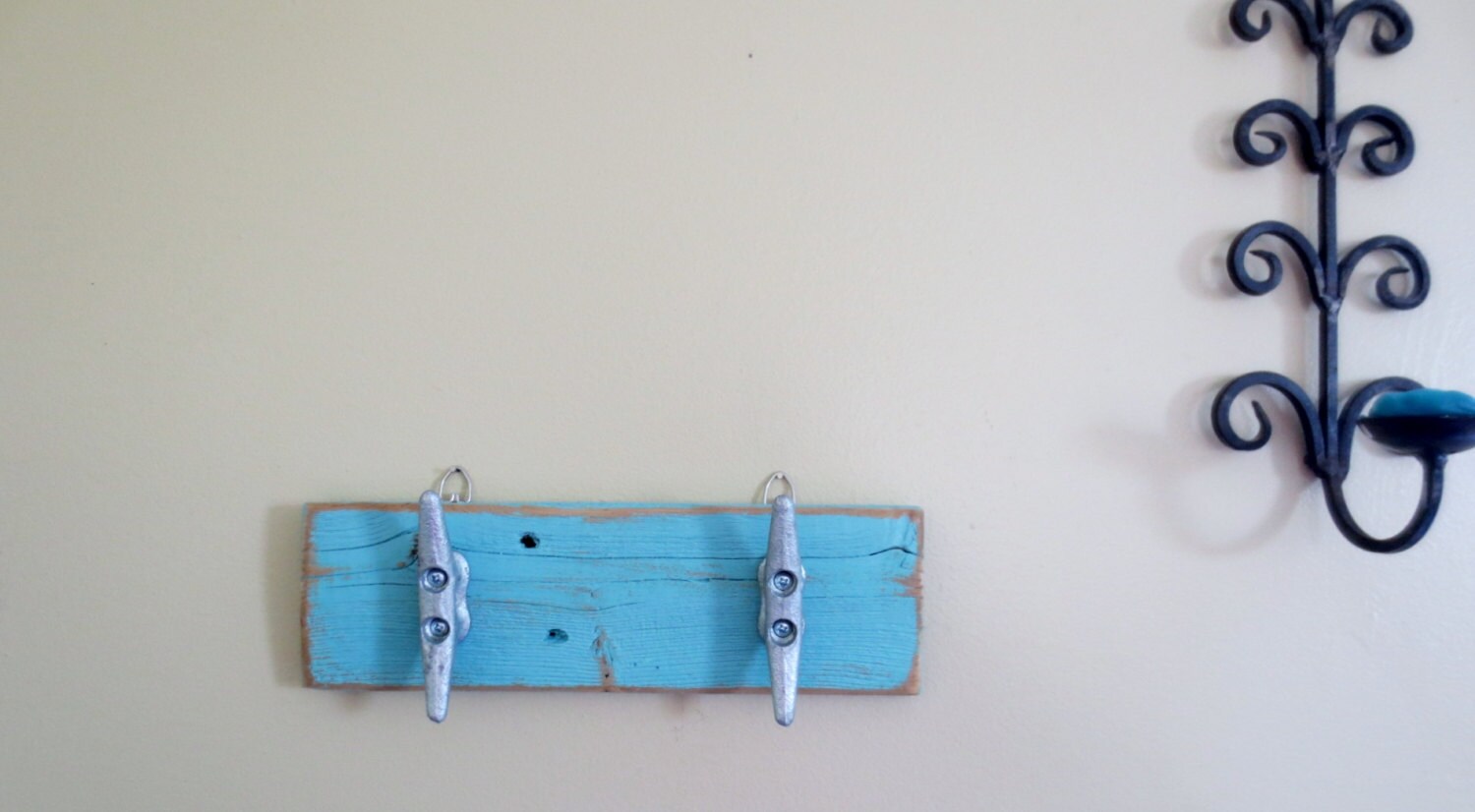 Turquoise Boat Cleat Hooks Nautical Decor Recycled Wood Ocean