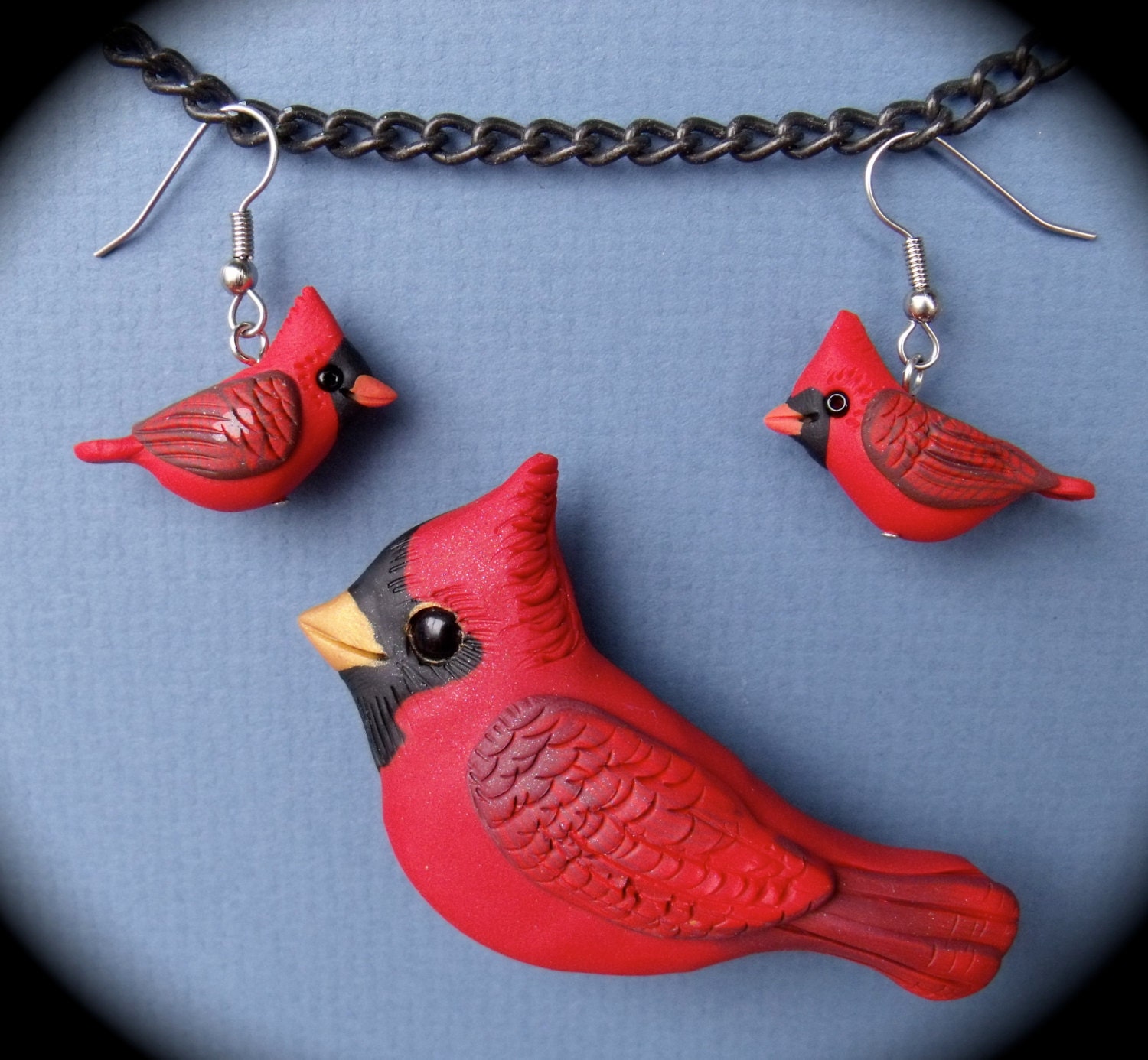 Polymer Clay Male Cardinal Bird Earrings and Pin Set