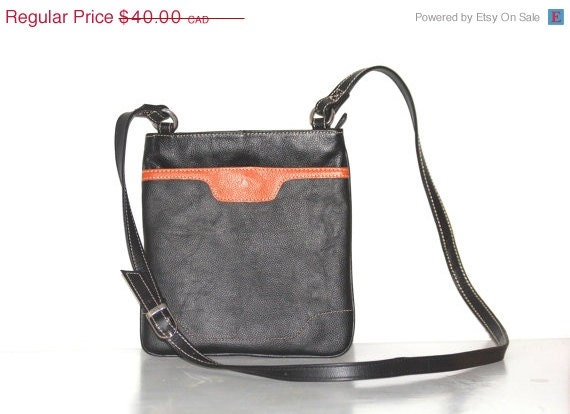 ON SALE Vintage Black Leather Cross Body Bag with Brown Leather Trim