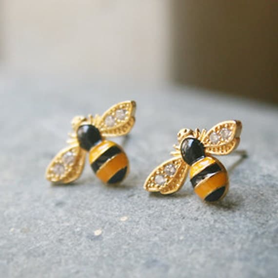 Gold Bumble Bee Earrings Studs Honey Bee Stud by kellinsilver