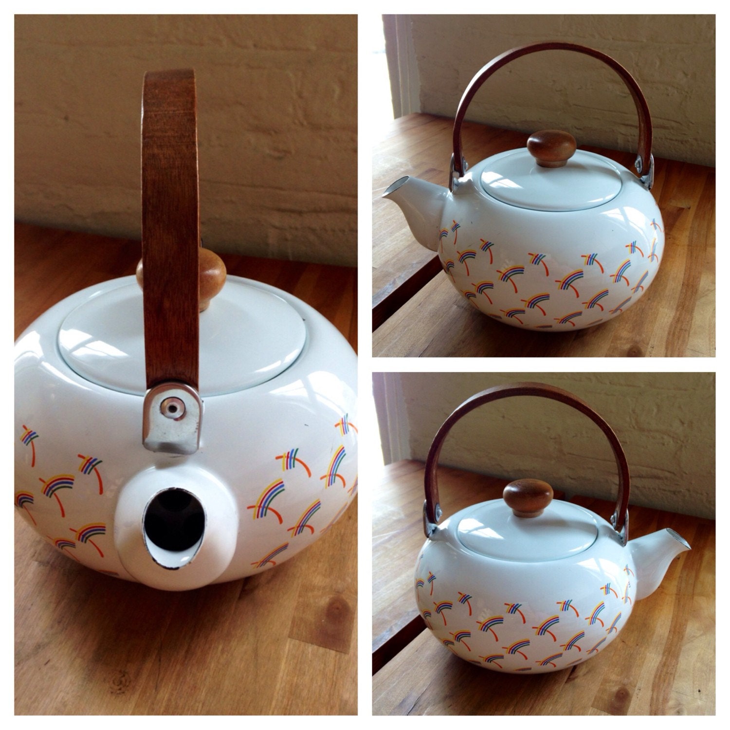 Vintage modern enamel tea kettle with wooden handle by alpineswift